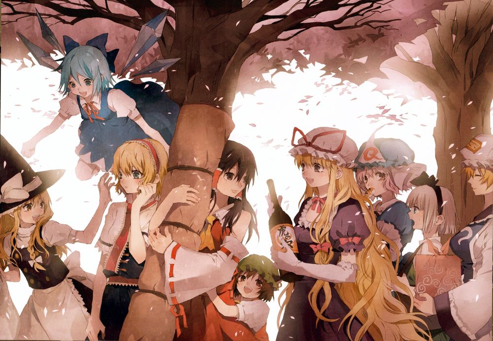 Обои для рабочего стола Reimu Hakurei / Рейму Хакурей и Marisa Kirisame / Мариса Кирисаме, Cirno, Yakumo Yukari, Yuyuko Saigyouji, Alice Margatroid и Konpaku Youmu идут на праздник, из серии компьютерных игр Touhou Project / «Проект «Восток» , art by Tsukiho Tsukioka