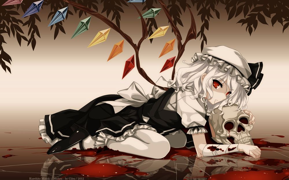 Обои для рабочего стола Фландр Скарлет / Flandre Scarlet сидит в луже крови, обнимая череп, из игры Проект Восток / Touhou Project, art by Kurehito Misaki
