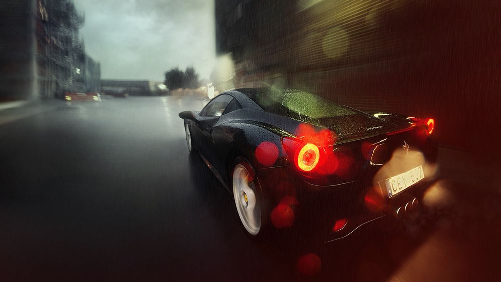 Обои для рабочего стола Черный Ferrari в дождливом городе