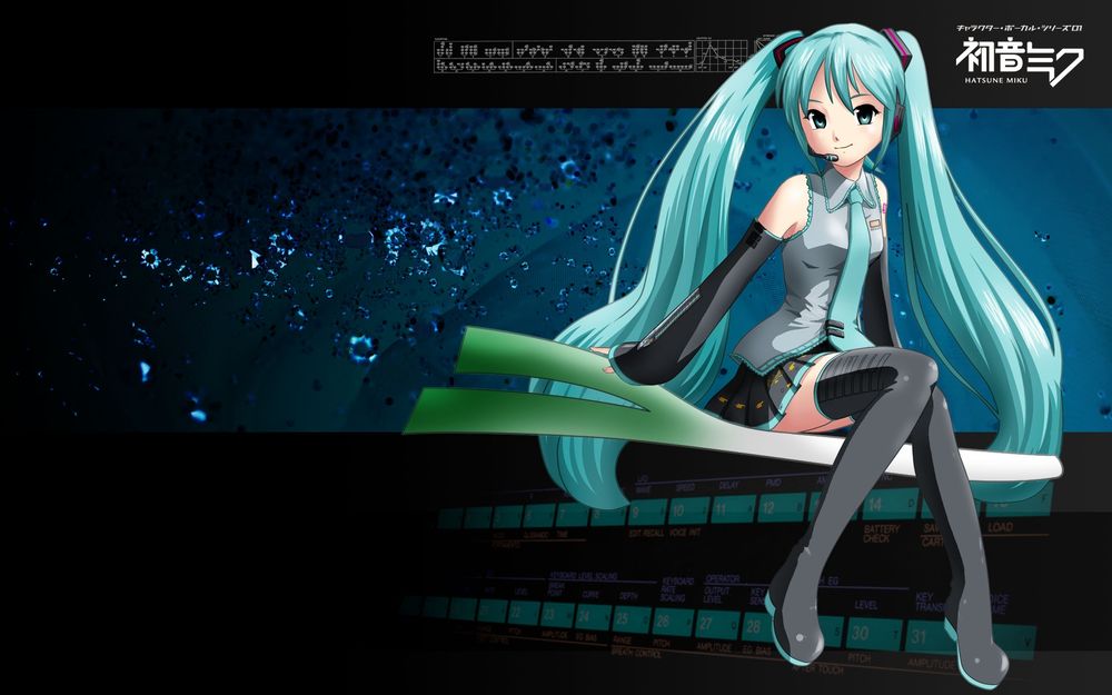 Обои для рабочего стола Вокалоид Хатсуне Мику / Vocaloid Hatsune Miku сидит на сельдерее на темном фоне