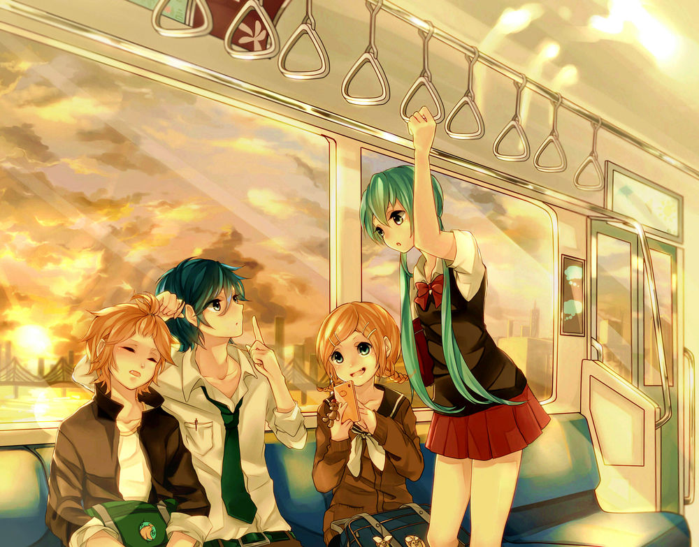 Обои для рабочего стола Vocaloid / Вокалоид Hatsune Miku, Shion Kaito, Kagamine Rin и Len едут в вагоне метро, art by Sweettimehappy