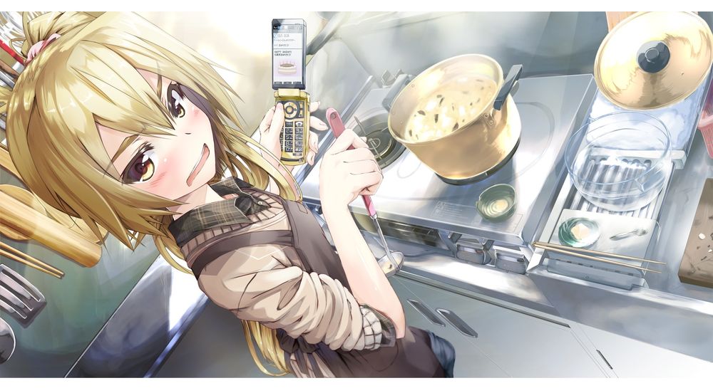 Обои для рабочего стола Vocaloid Akita Neru / Вокалоид Акита Нэру занимается готовкой на кухне с мобильником в одной руке и половником в другой