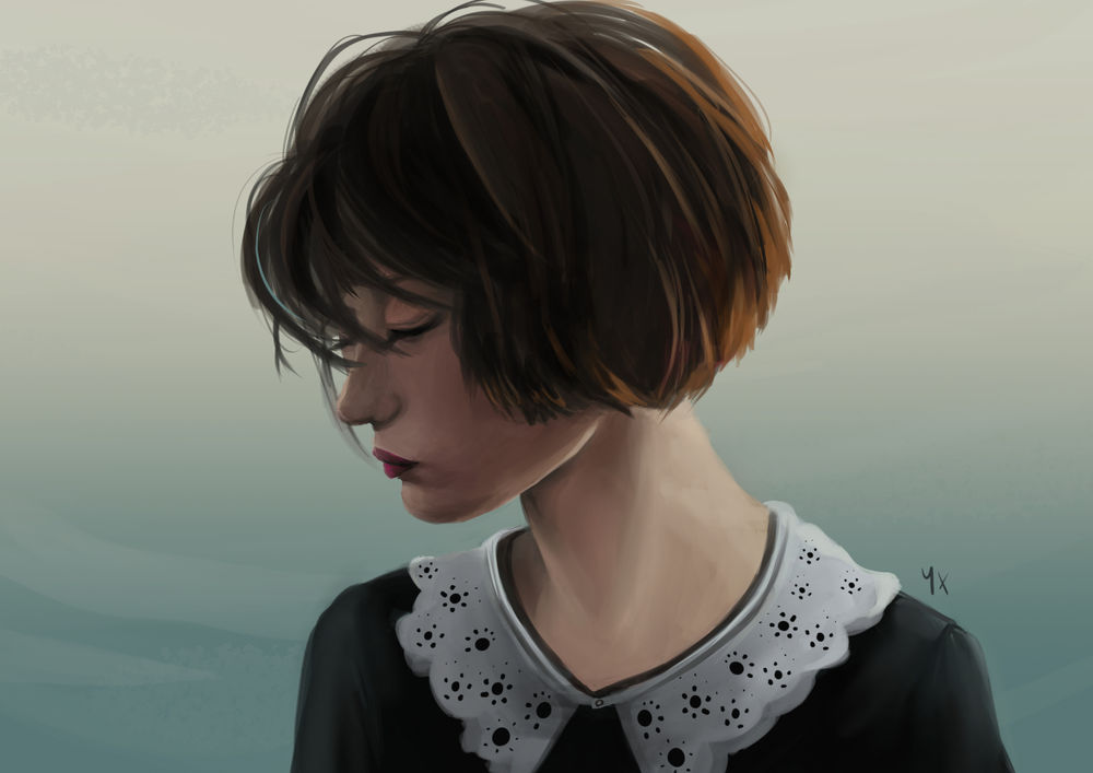 Обои для рабочего стола Темноволосая девушка закрыла глаза, by Yuupewpew