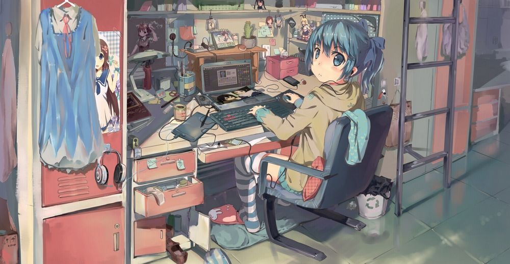 Обои на рабочий стол Девочка сидит компьютером в своей камнате, art by Zhongye Yu, обои для рабочего стола, скачать обои, обои бесплатно