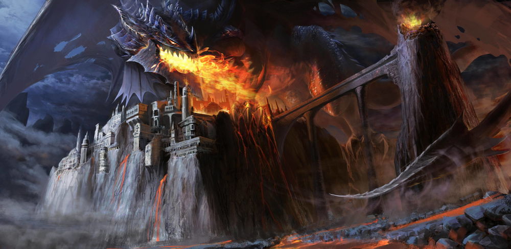 Обои для рабочего стола Огромный крылатый огнедышащий дракон напал на город-крепость в скалах, art by Chengyong Wang