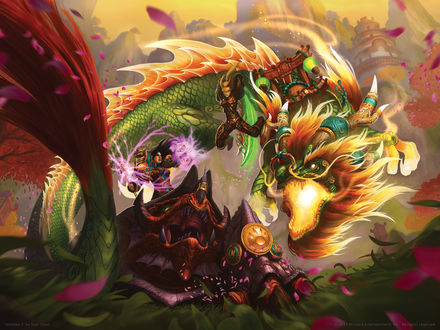 Обои на рабочий стол Битва двух девушек на драконах / арт на игру World of Warcraft