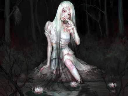Обои на рабочий стол Девушка сидит у воды с крыской на руке, by Angela He