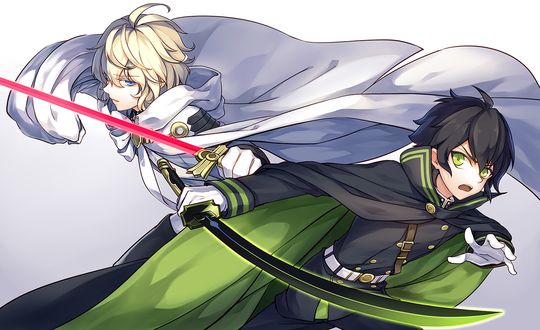 Обои на рабочий стол Michaela Hyakuya / Микаэла Хакуя и Yuuichirou Hyakuya / Юичиро Хакуя с катанами из аниме Owari no Seraph / Последний Серафим, art by Yamato Yamamoto