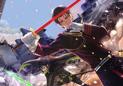 Обои на рабочий стол Guren Ichinose и Yuuichirou Hyakuya / Юичиро Хакуя сражаются дамоническими катанами из аниме Owari no Seraph / Последний Серафим, art by Yamato Yamamoto