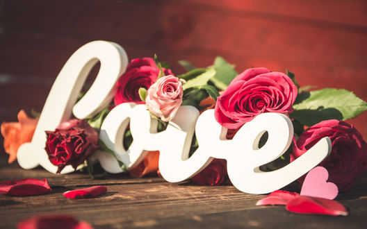 Обои на рабочий стол Розы и слово love / любовь