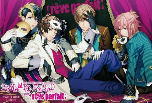 Обои на рабочий стол Парни в исторических костюмах с масками из игры Dynamic Chord, Your boring days, the song will pierce your soul, art by Ryou Fujiwara