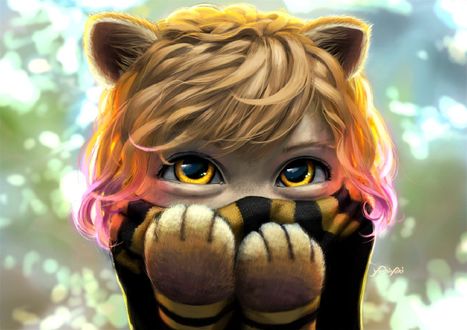 Обои на рабочий стол Девочка в образе тигренка держит лапки перед лицом, Dora the Explorer, иллюстратор Cassio Yoshiyaki
