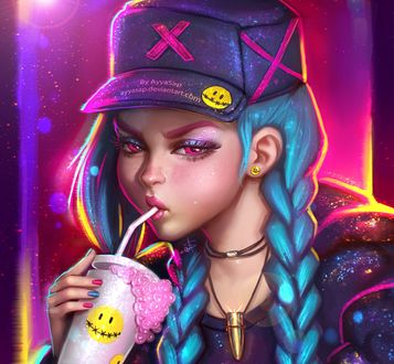 Обои на рабочий стол Джинкс / Jinx из игры Лига Легенд / League of Legends, by AyyaSAP
