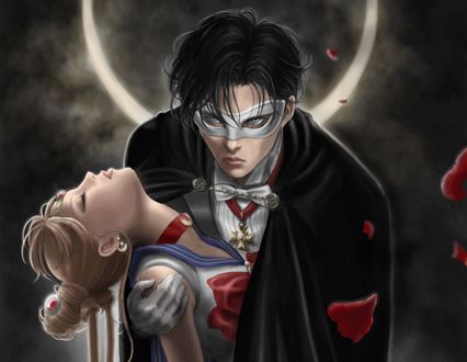 Обои на рабочий стол Usagi Tsukino / Усаги Цукино / Сейлор Мун / Seilor Moon и Chiba Mamoru / Чиба Мамору из аниме Bishoujo Senshi Sailor Moon / Красавица-воин Сейлор Мун