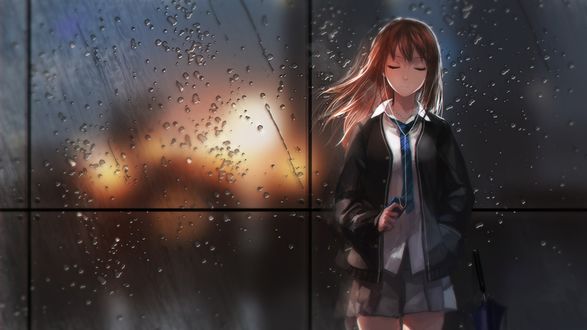 Обои на рабочий стол Рин Сибуя / Rin Shibuya из аниме Идолмастер: Девушки-золушки / The iDOLM@STER Cinderella Girls, в наушниках, с плеером в руке, слушает музыку, стоя на фоне забрызганного дождем окна