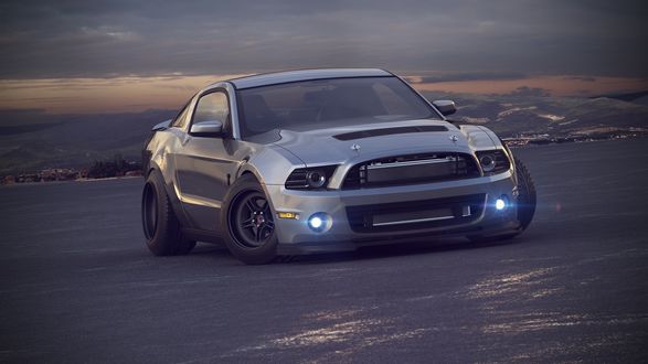 Обои на рабочий стол Серебристый Ford Mustang на взлетной площадке