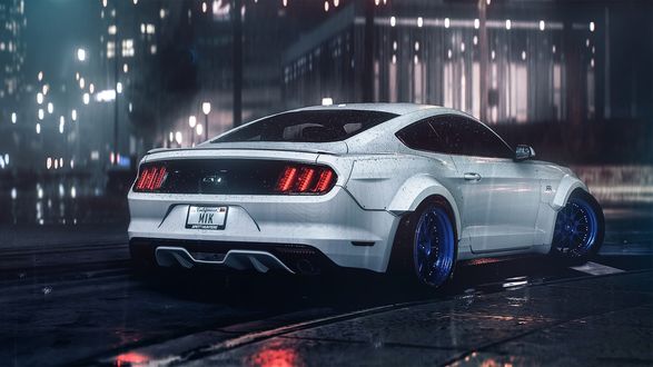 Обои на рабочий стол Белый Ford Mustang на ночной городской улице