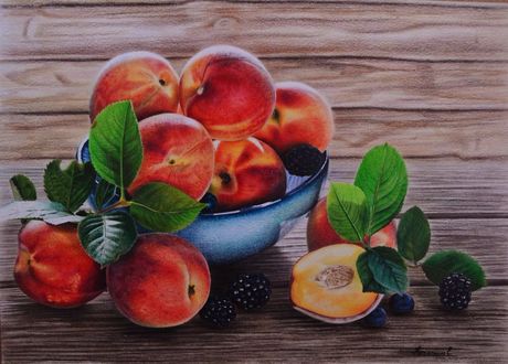 Обои на рабочий стол Персики в тарелке и на столе, by PutyatinaEkaterina