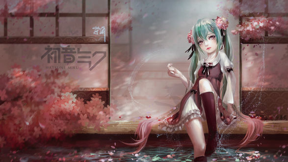 Обои на рабочий стол Vocaloid Hatsune Miku / Вокалоид Хатсунэ Мику сидит на краю бассейна с лепестками сакуры, art by Bao Xiao