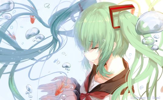 Обои на рабочий стол Vocaloid Hatsune Miku / Вокалоид Хатсунэ Мику с золотыми рыбками среди пузырьков, art by Hews
