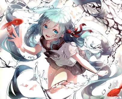 Обои на рабочий стол Вокалоид Хатсуне Мику / Vocaloid Hatsune Miku плавает с золотыми рыбками в воде, art by Phino
