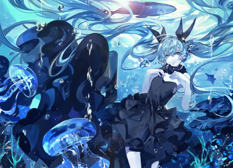 Обои на рабочий стол Vocaloid Hatsune Miku / Вокалоид Хатсунэ Мику под водой в окружении морских обитателей, by saberiii