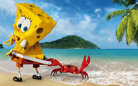 Обои на рабочий стол Краб стягивает шорты с Губки Боба Квадратные Штаны / Sponge Bob Square Pants