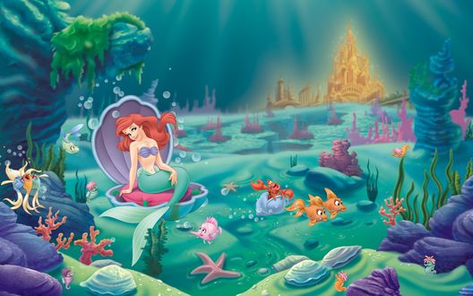Обои на рабочий стол Ариэль / Ariel из мультфильма Русалочка / The Little Mermaid сидит в ракушке рядом с друзьями, вдалеке виднеется царство