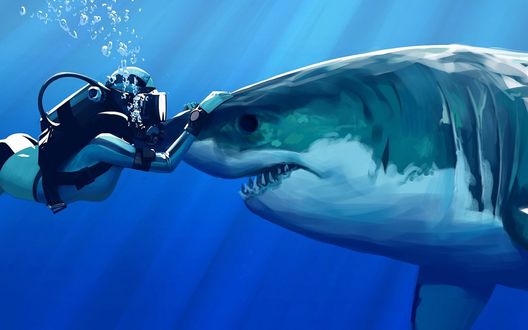 Обои на рабочий стол Девушка аквалангистка в костюме и снаряжении, под водой гладит акулу