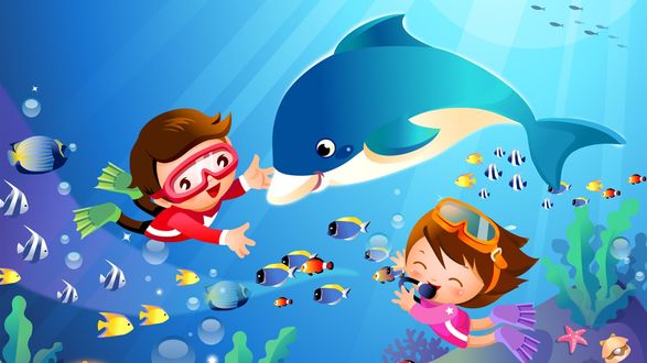 Обои на рабочий стол Мальчик и девочка под водой играют с рыбками и дельфином