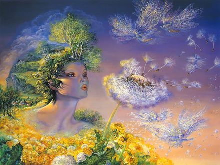 Обои на рабочий стол Девушка-лето дует на пушистые одуванчики, by Josephine Wall