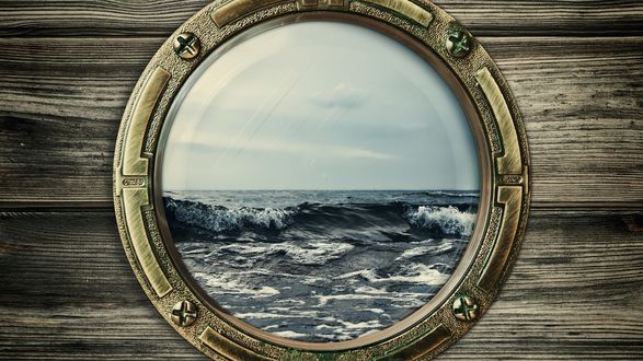 Обои на рабочий стол Бушующее море за стеклом иллюминатора, крупный план