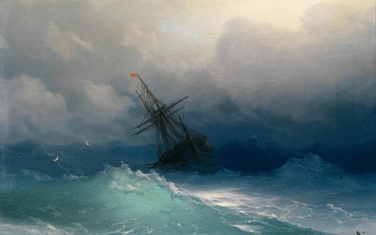 Обои на рабочий стол Корабль в бушующем море, art by Айвазовский Иван Константинович