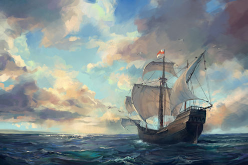 Обои на рабочий стол Парусник на воде на фоне облачного неба, by Skvor