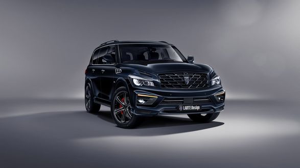 Обои на рабочий стол Автомобиль 2016, ателье, Larte Design, тюнинг, Infiniti, QX80, Missuro, джип черный на сером фоне