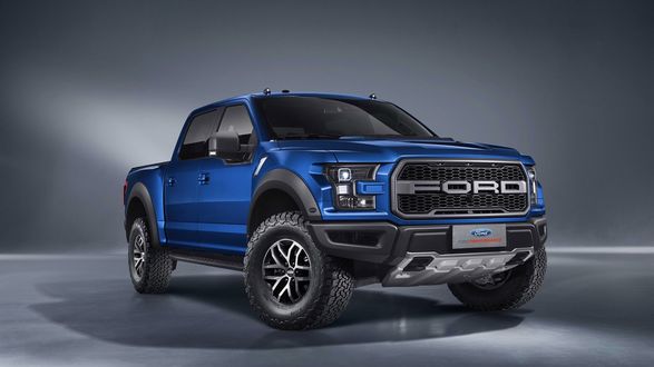 Обои на рабочий стол Автомобиль Пикап, 2017, Ford, F 150, Raptor, Supercrew, синий на сером фоне