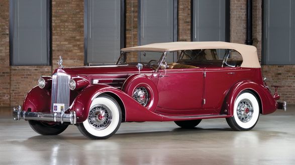 Обои на рабочий стол Автомобиль ретро, 1935, Packard, Twelve, Dual Cowl, antique, Sport, Phaeton, Dietrich, 1207, 821, luxury бордовый на блестящем сером полу в гараже