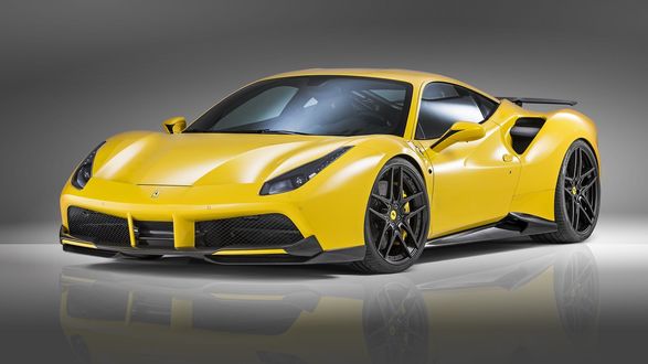 Обои на рабочий стол Автомобиль желтый, 2016, Novitec Rosso, Ferrari, 488, GTB, феррари, суперкар на сером фоне