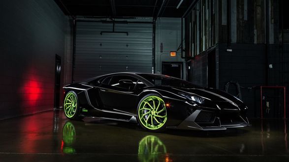Обои на рабочий стол Автомобиль B-Forged, 2015, Lamborghini Aventador, LP700-4, суперкар, черный в гараже