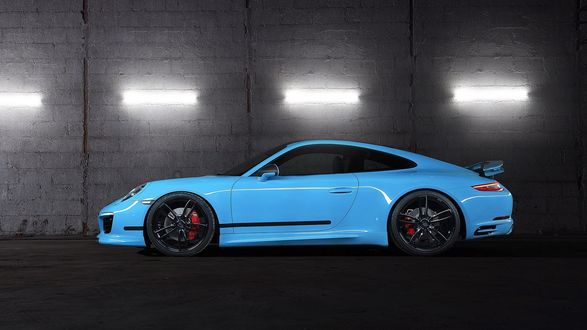Обои на рабочий стол Автомобиль суперкар, 2016, Techart, Porsche, 911, Carrera, 4S голубой в гараже