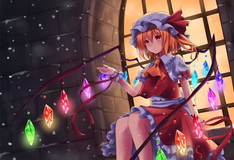Обои на рабочий стол Flandre Scarlet / Фландре Скарлет сидит на подоконнике, персонаж из серии компьютерных игр Touhou Project / «Проект «Восток»», art by kure~pu