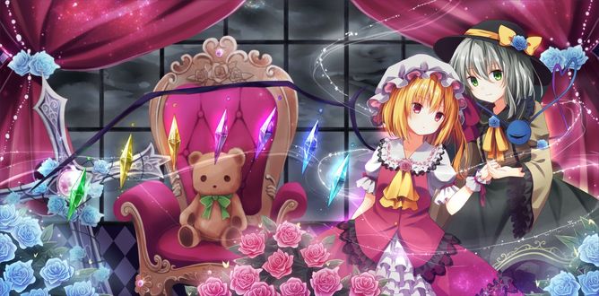 Обои на рабочий стол Flandre Scarlet / Фландре Скарлет и Koishi Komeiji / Койши Комейдзи, персонажи из серии компьютерных игр Touhou Project / «Проект «Восток»», art by kure~pu
