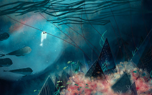 Обои на рабочий стол Кадр из мультфильма Песнь моря / Song of the Sea /, морское дно, покрытое губками и острыми камнями, в воде плавают дельфины