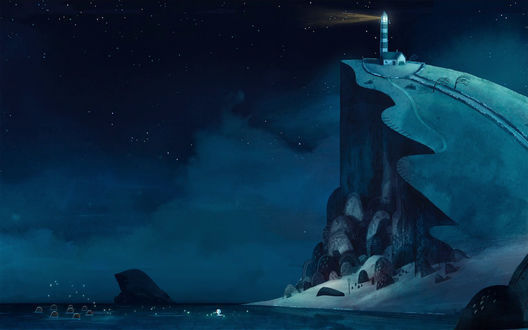 Обои на рабочий стол Кадр из мультфильма Песнь моря / Song of the Sea / на высоком утесе светит маяк, внизу в море видны головы тюленей, на небе светят звезды