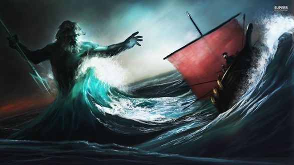 Обои на рабочий стол Нептун затягивает лодку на дно моря