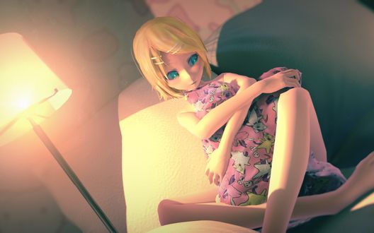 Обои на рабочий стол Vocaloid Kagamine Rin / Вокалоид Кагамине Рин сидит на диване, обняв подушку