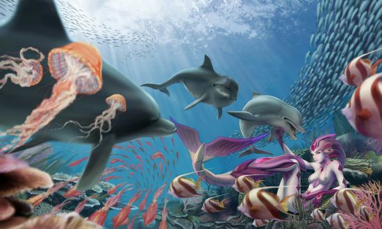 Обои на рабочий стол Русалка в окружении морских обитателей под водой