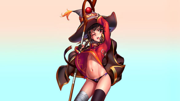 Обои на рабочий стол Мэгумин / Megumin - архимаг, одержимая магией взрывов, с посохом в руках, персонаж из манги и аниме Kono Subarashii Sekai ni Shukufuku wo! / Этот замечательный мир, art by as109