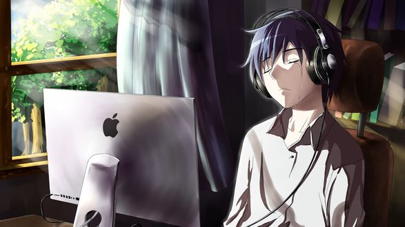 Обои на рабочий стол Девушка в маске и наушниках сидит за компьютером, аниме арт by Yuumei, обои для рабочего стола, скачать обои, обои бесплатно