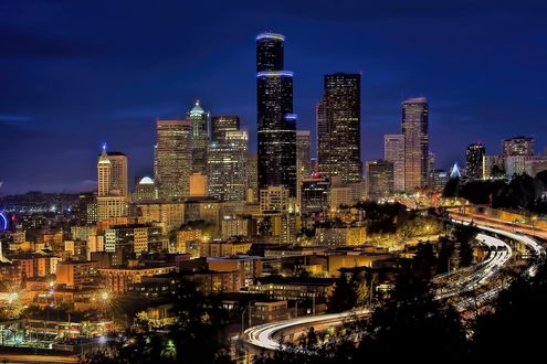Обои на рабочий стол Панорама ночного Сиэтла / Seattle, США